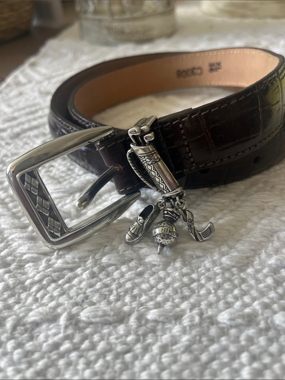 Brighton Brown Croc-Embossed Leather Belt with Silver golf Charms